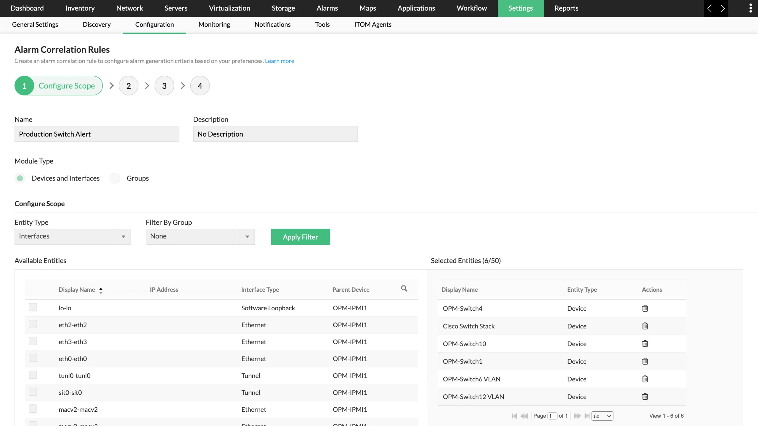 OpManager alarm correlation rule