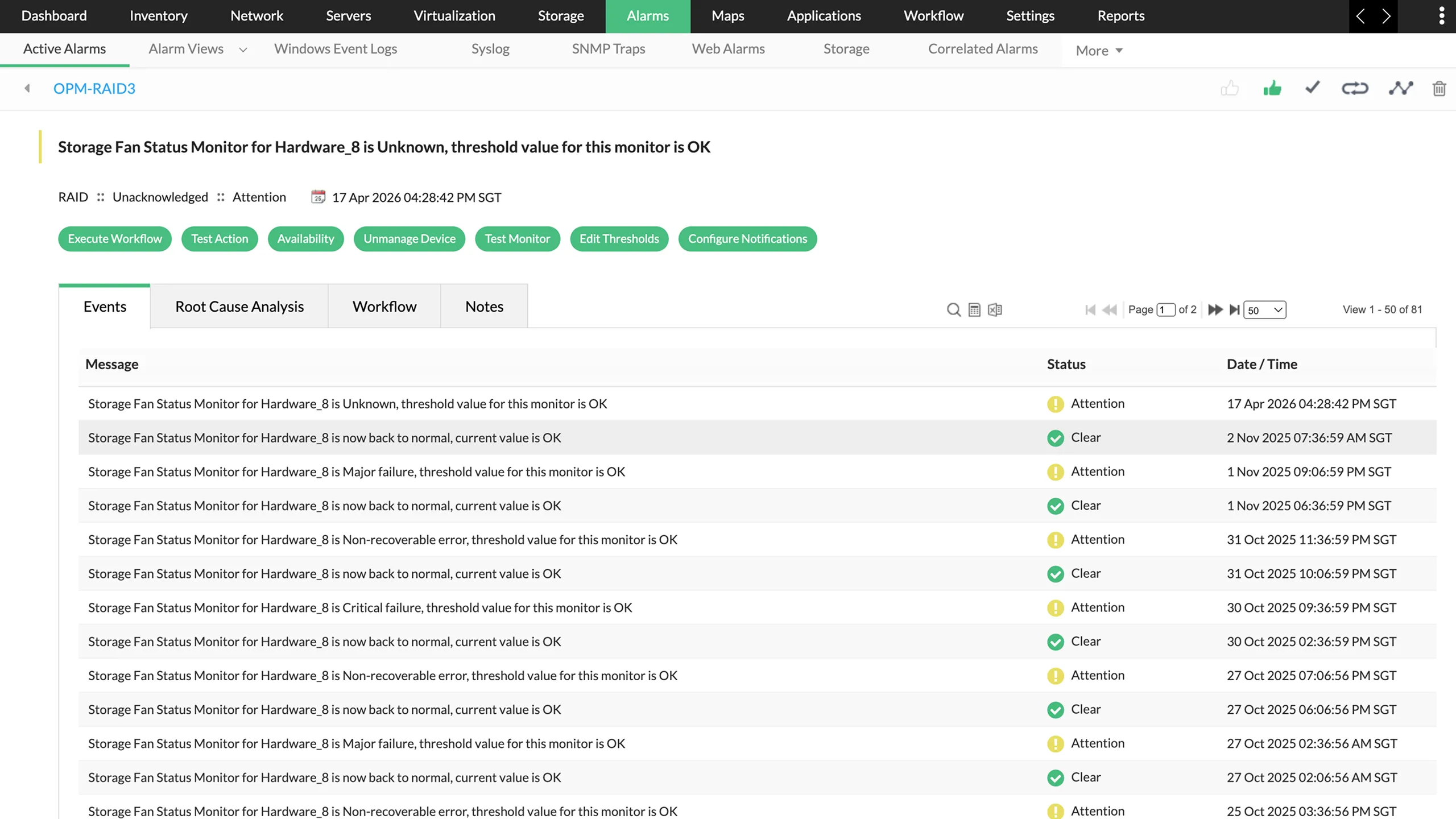 OpManager alarm snapshot page