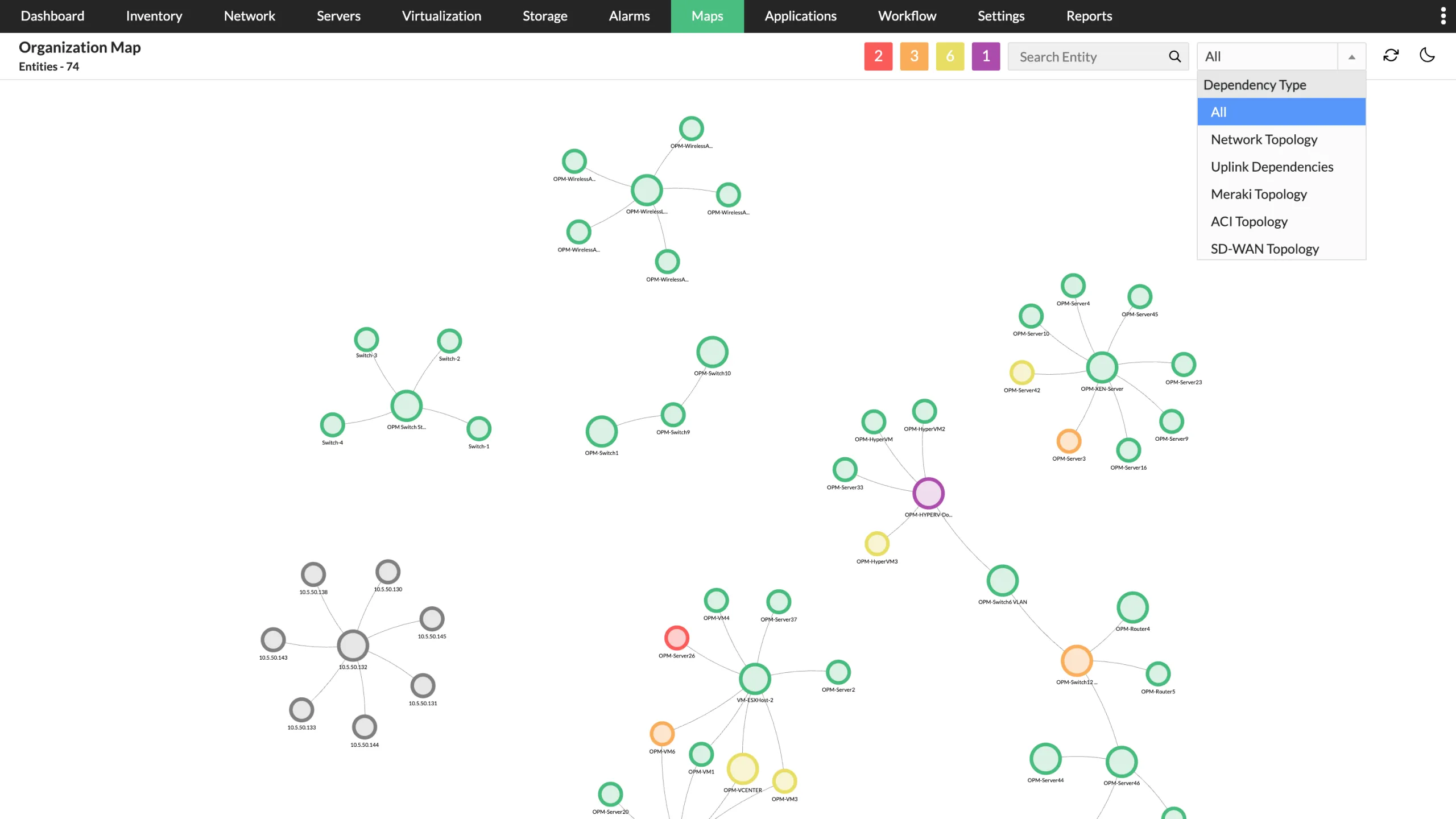 OpManager organization map for impact-driven prioritization