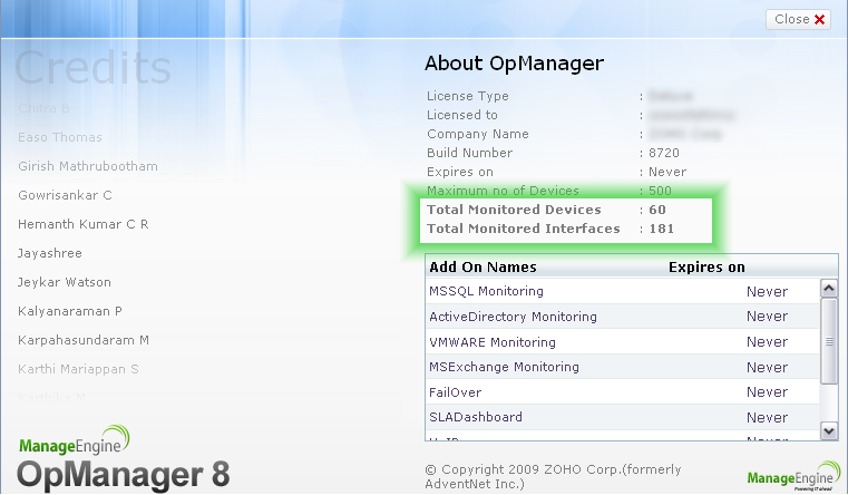 Opmanager About Screen