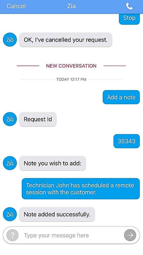 ZIA AI conversational bot