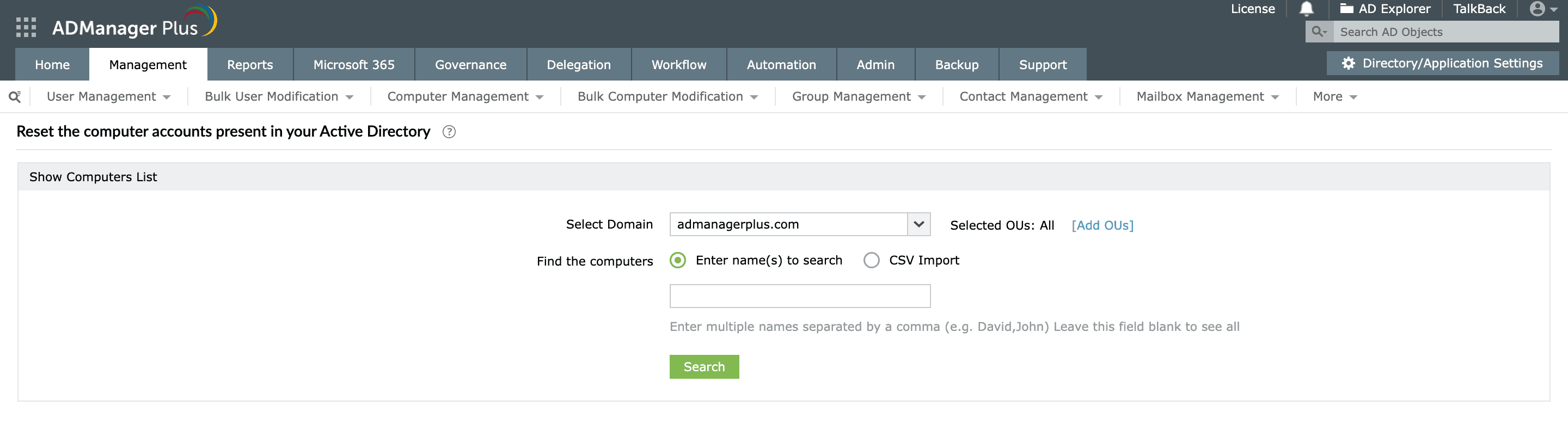Reset computer accounts in bulk using ADManager Plus.