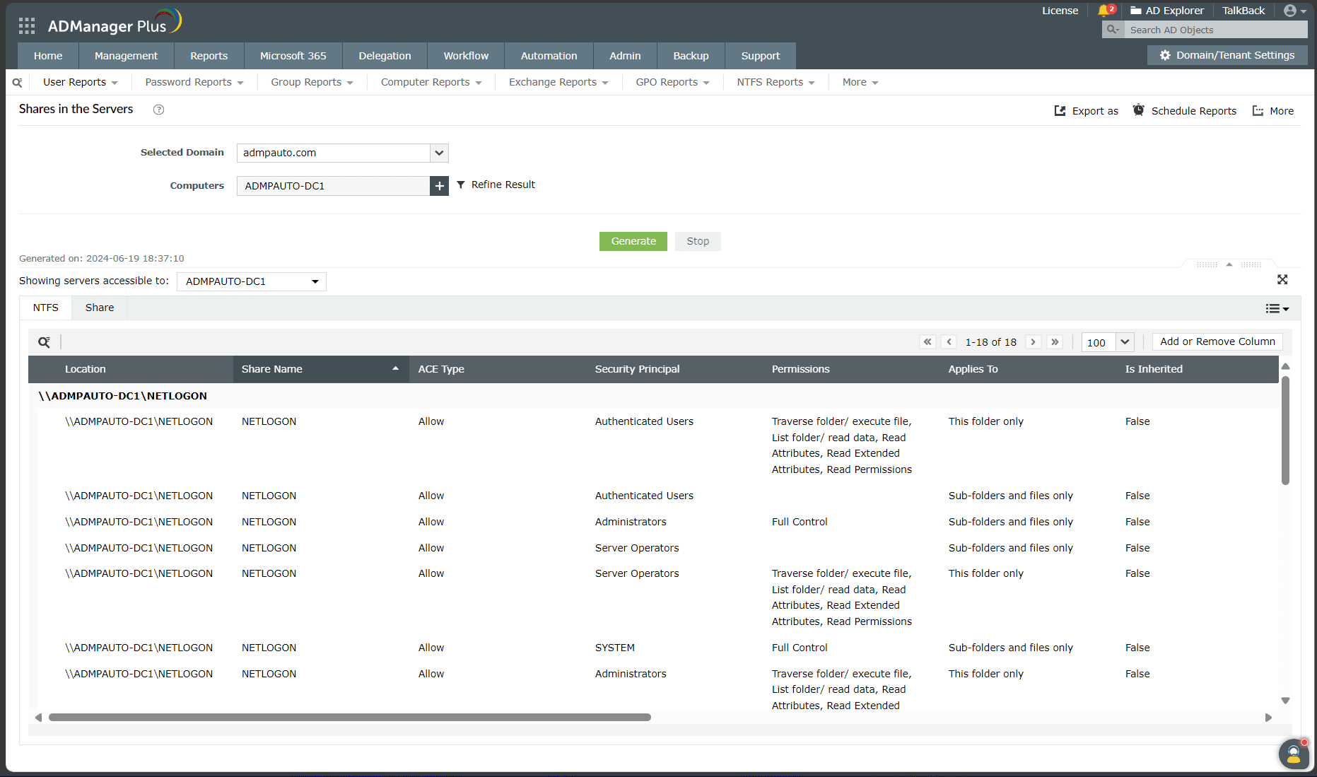 Schermafbeelding van het rapport Delen in de Servers onder NTFS rapporten in ADManager Plus.