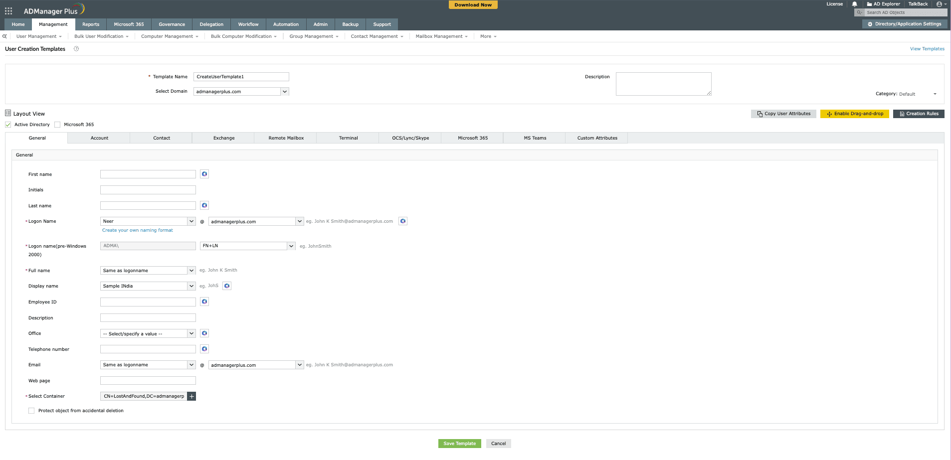 Sjabloon voor het maken van gebruikers in ADManager Plus