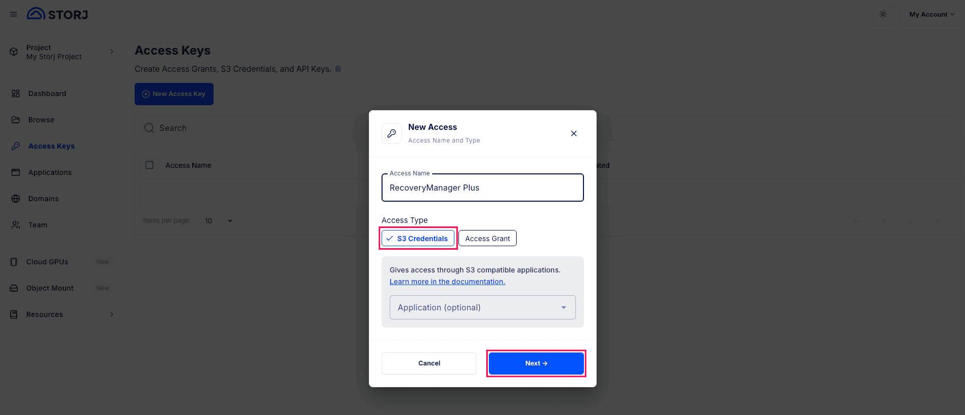 Setting the access type in the access key configuration console