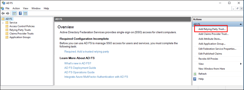 Selecting Add Relying Party Trust from the Actions sidebar in AD FS