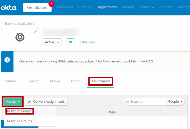 Clicking Assign to People from the Assignments tab in Okta