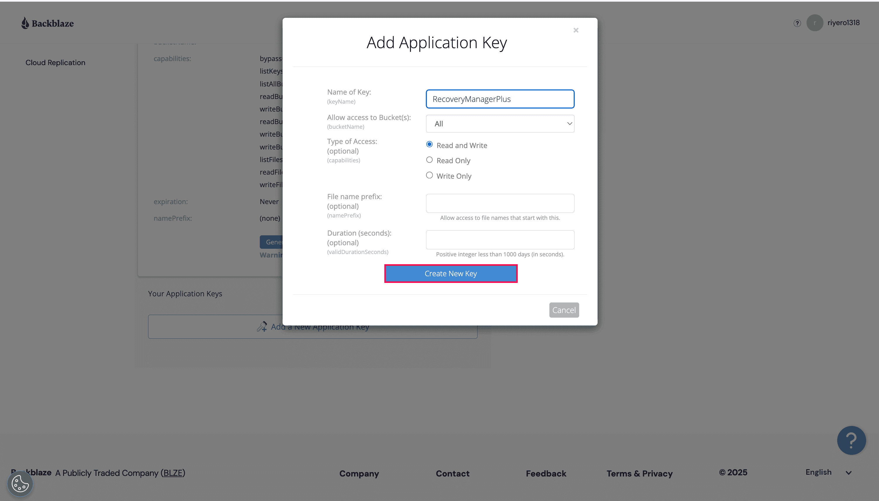 Backblaze access key configuration console