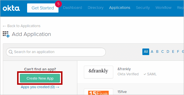 Creating a new app on the Applications tab in Okta