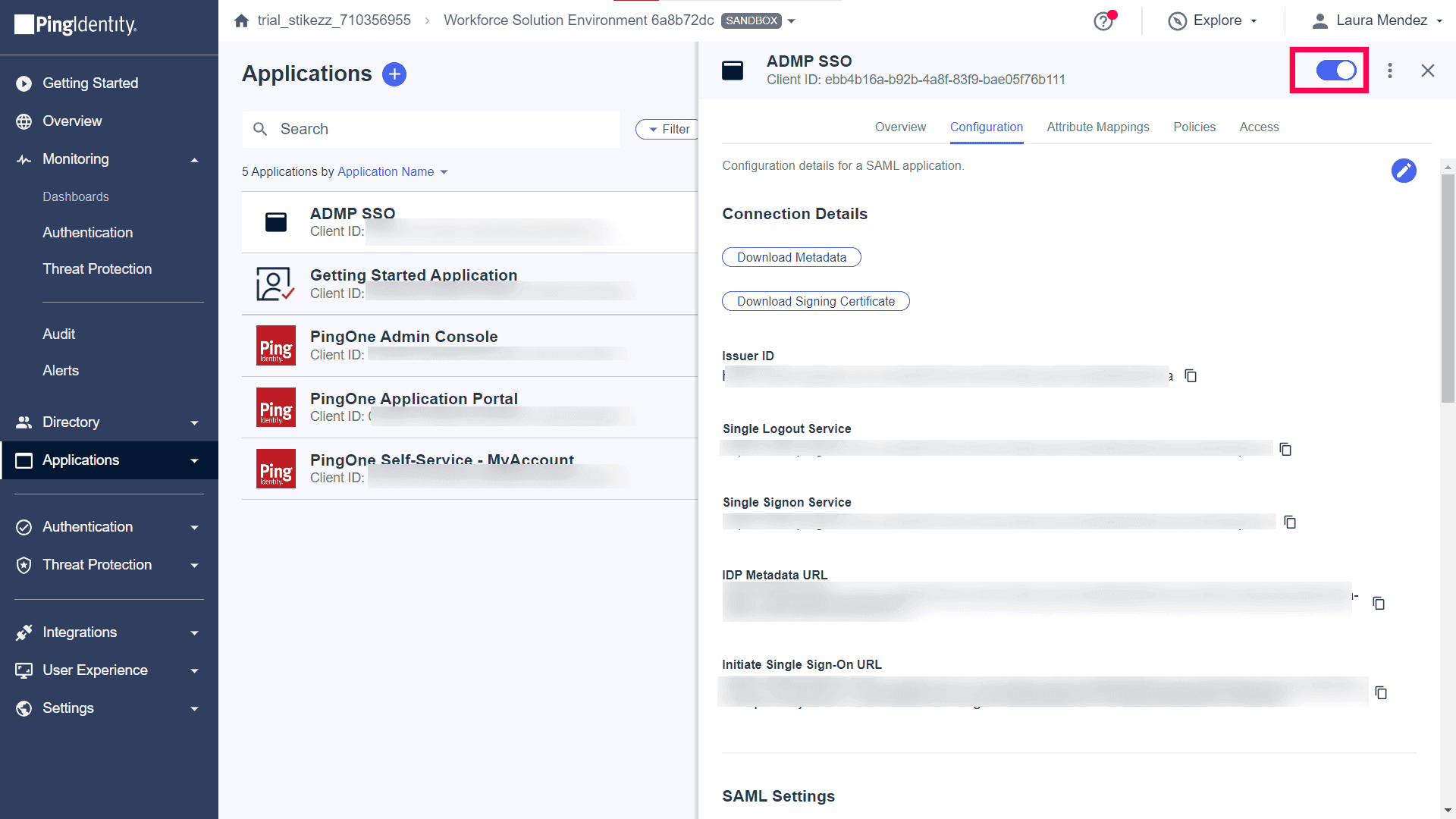 Enabling the published application from the toolbar toggle in Ping Identity