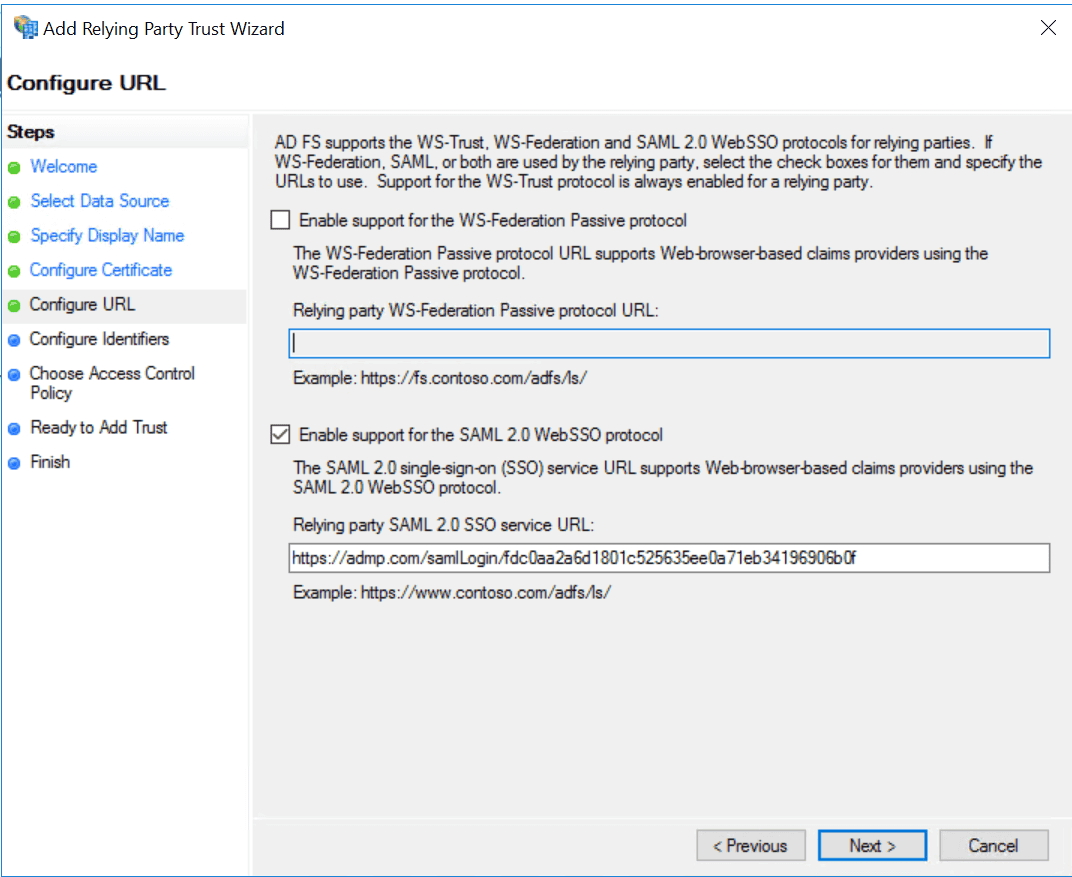 Enabling SAML 2.0 WebSSO protocol and entering the ACS URL