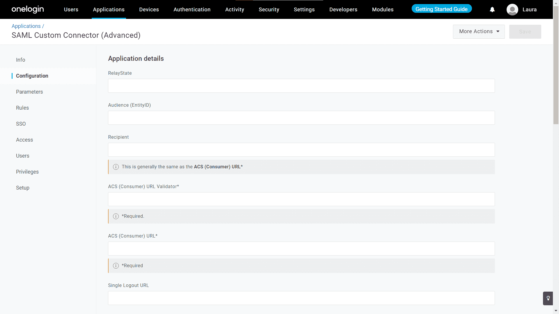 Filling in the Recipient, Audience, and ACS URL fields in OneLogin's Configuration tab