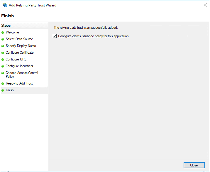 Completing the Add Relying Party Trust Wizard and opening Edit Claim Rules