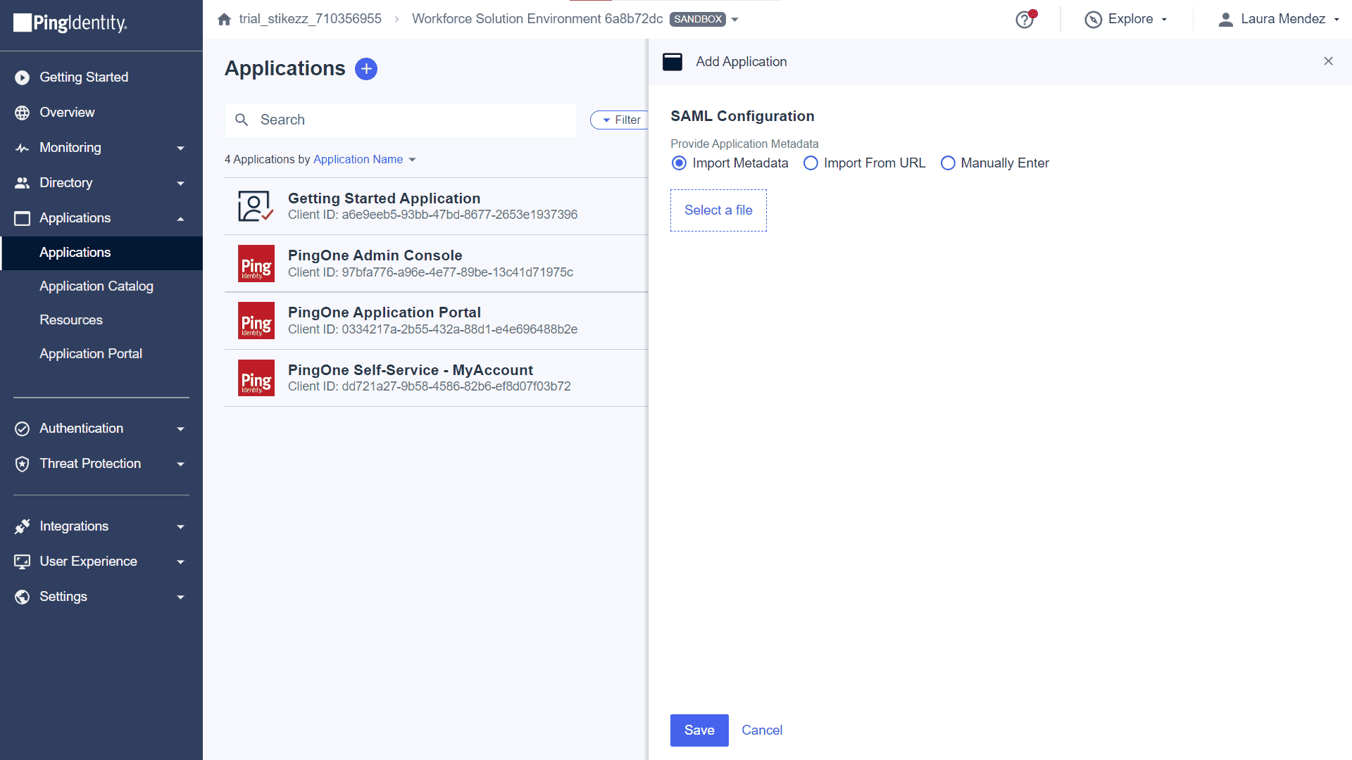 Uploading the metadata file using the Import Metadata option in Ping Identity