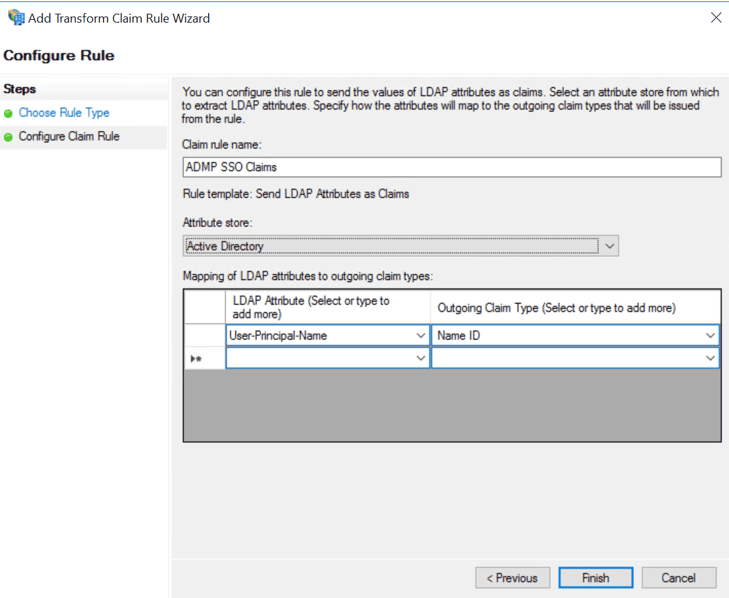 Mapping User-Principal-Name to Name ID in the LDAP attribute claim rule