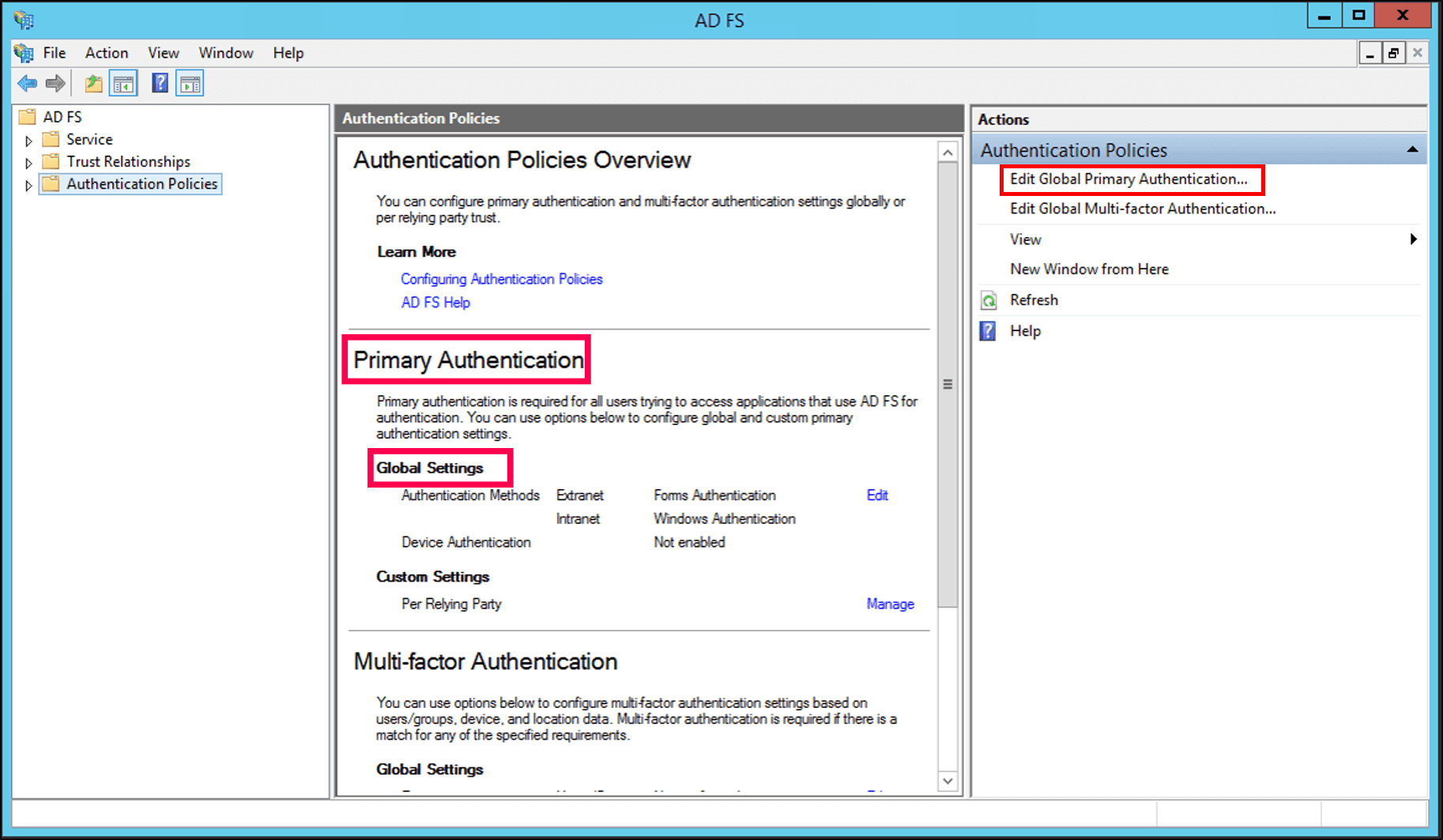 Viewing form-based Primary Authentication global settings in the AD FS snap-in