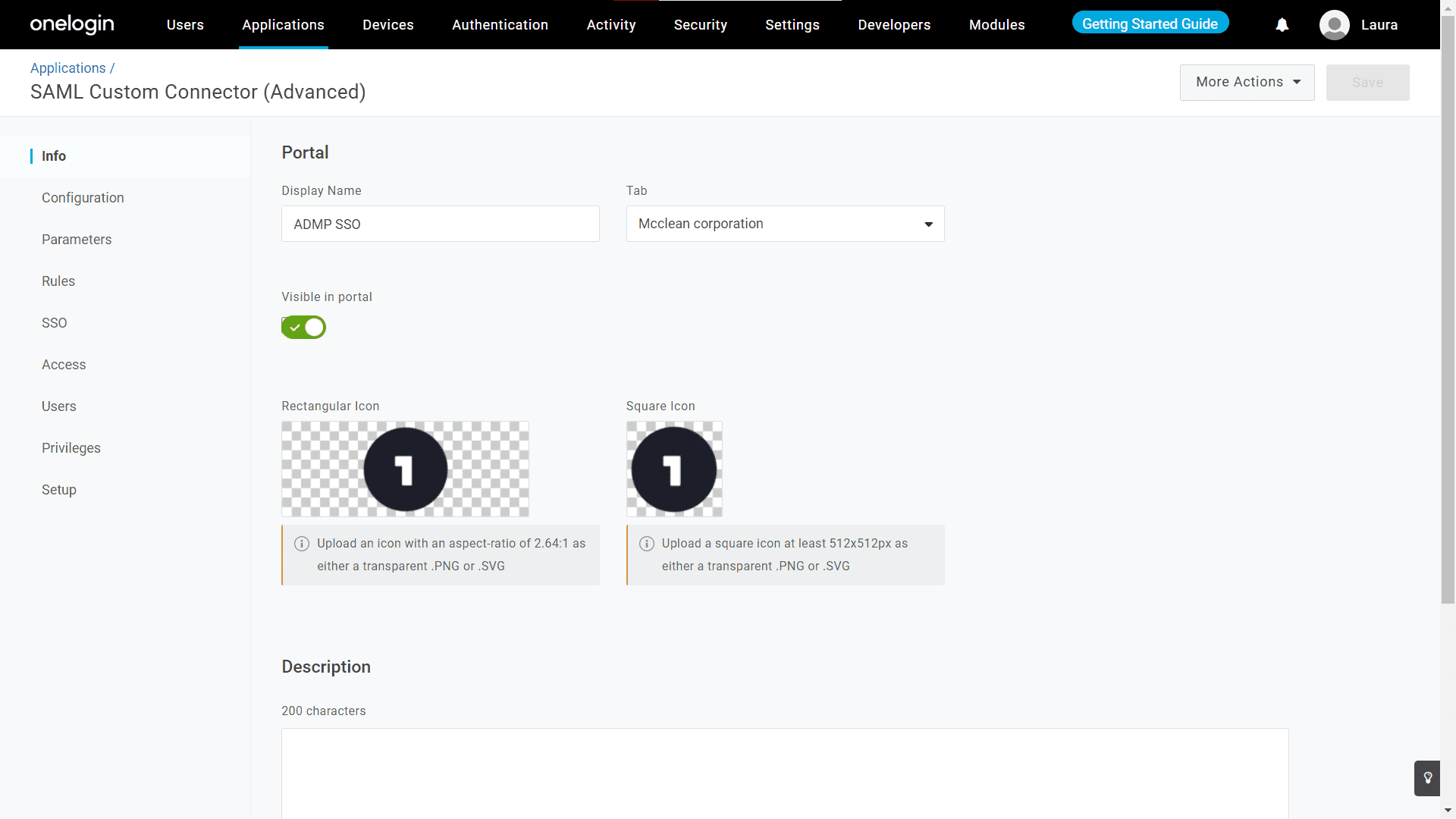 Providing a Display Name and logo in the OneLogin Info tab