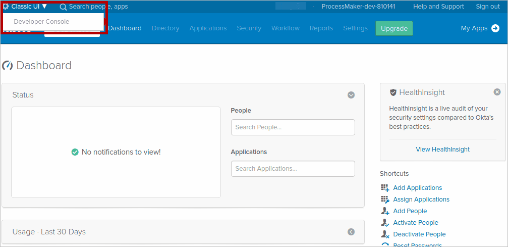 Selecting Classic UI in the Okta Admin Console to configure RecoveryManager Plus