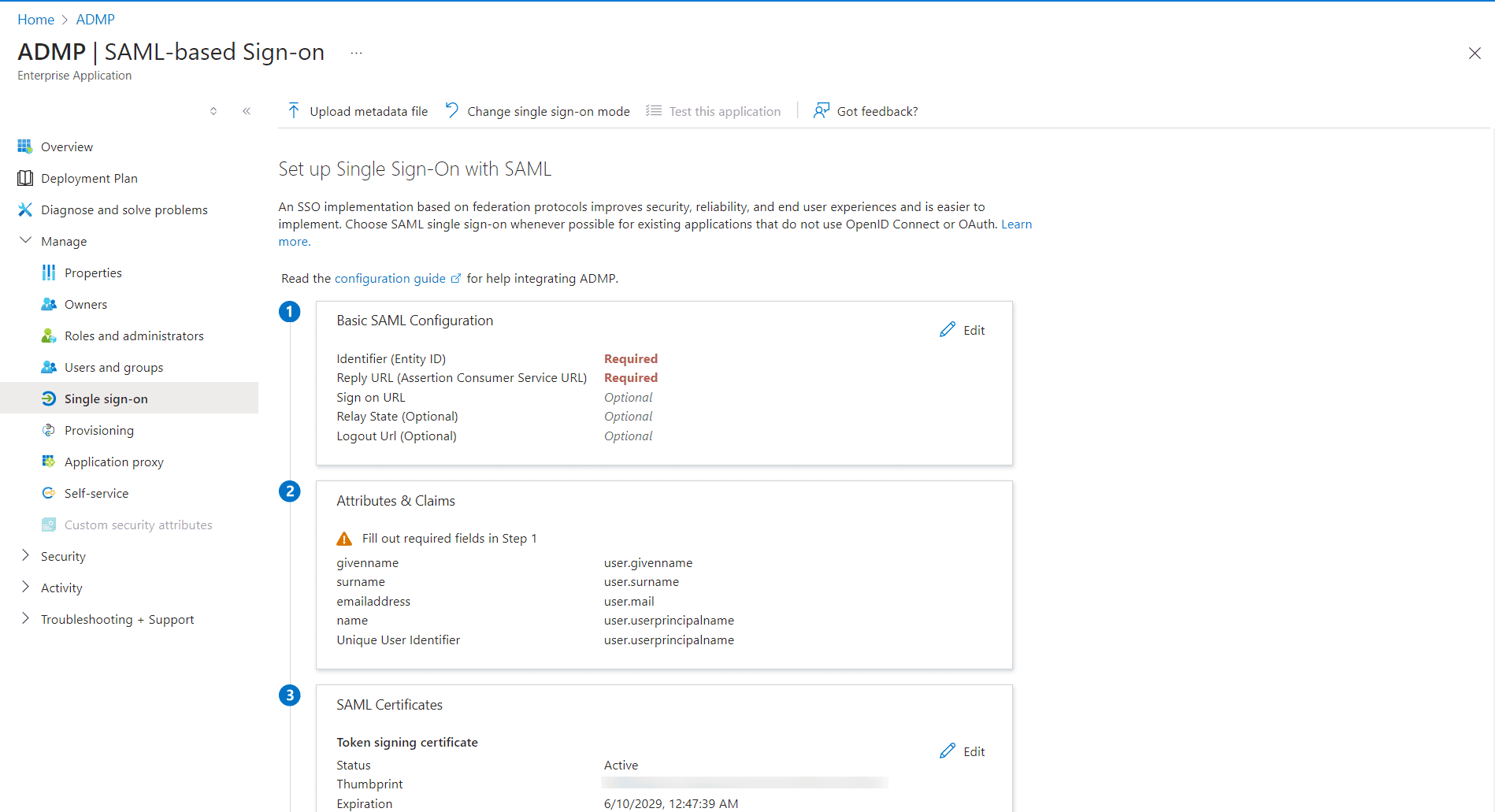 Selecting the SAML method for single sign-on in Microsoft Entra ID