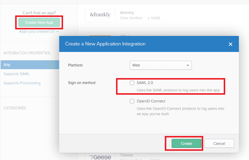 Selecting Web platform and SAML 2.0 sign-on method in Okta