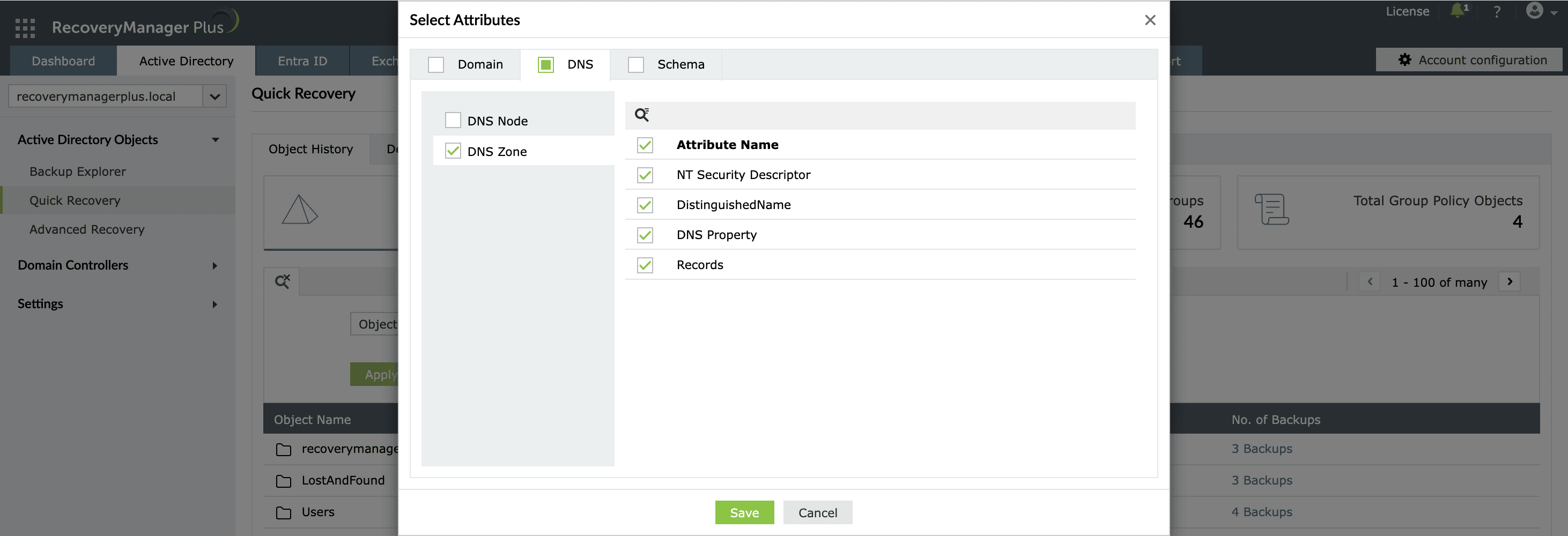 Filtering the DNS zones in RecoveryManager Plus.