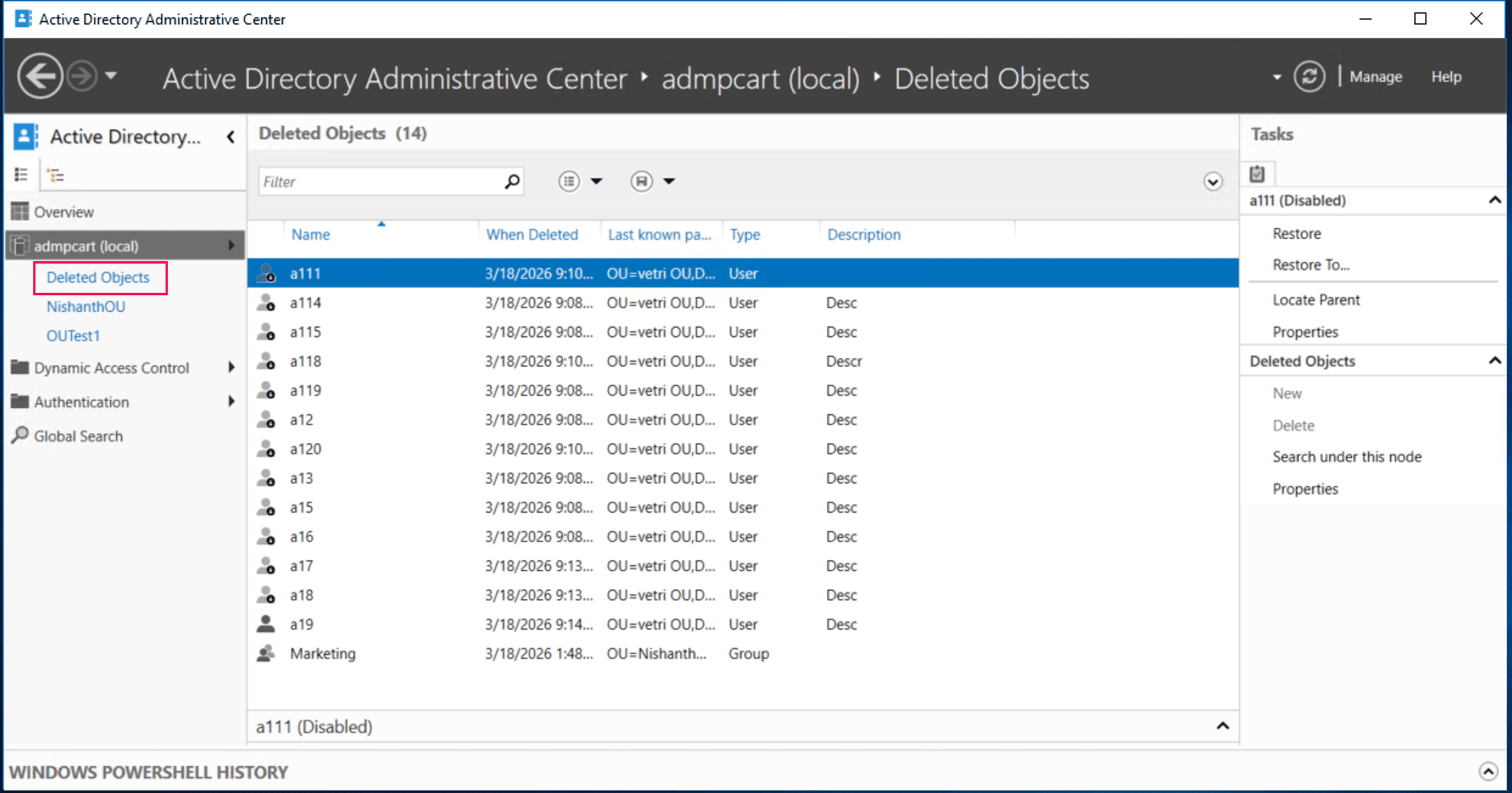 The Deleted Objects container in ADAC