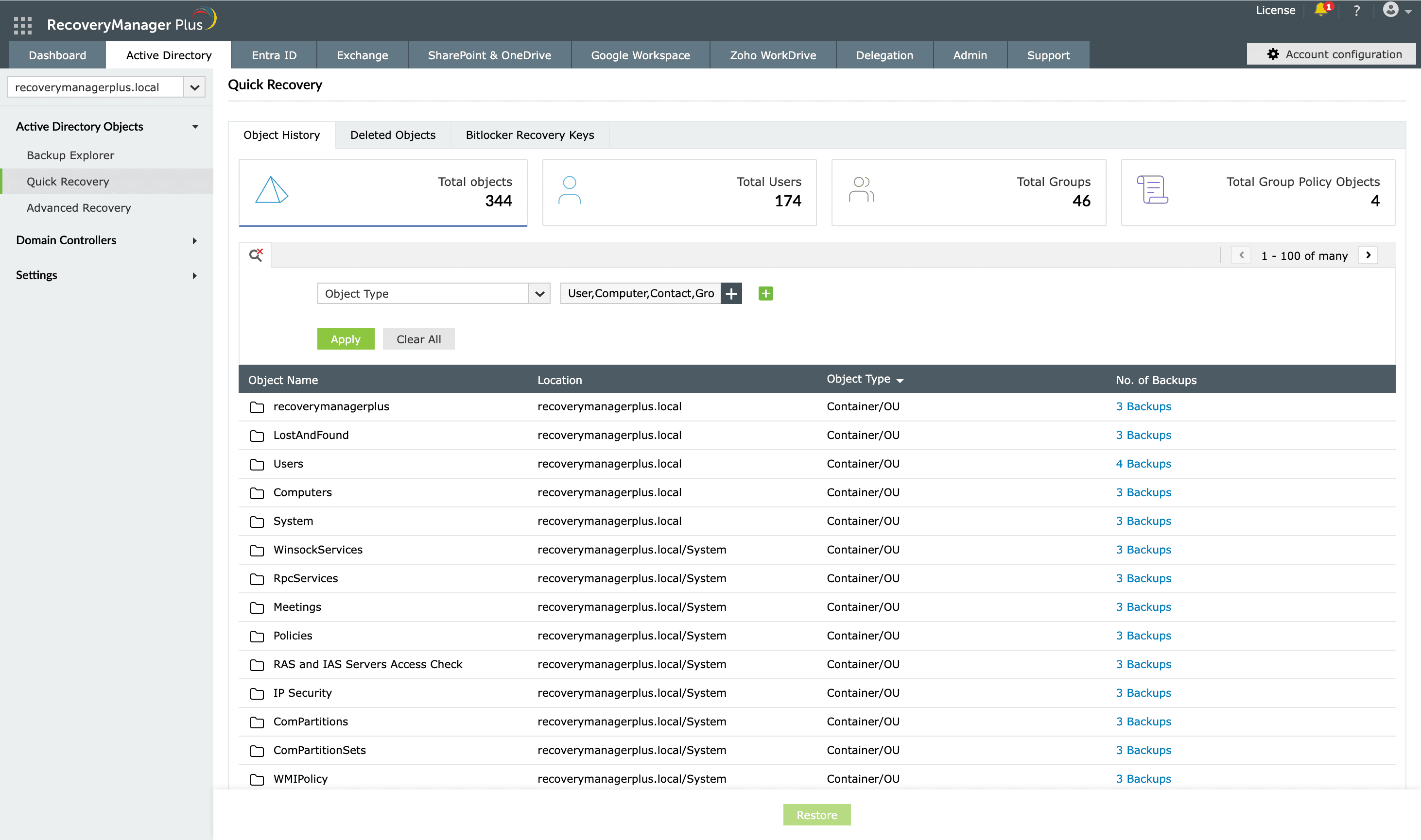 Restoring deleted AD DNS zones using RecoveryManager Plus.