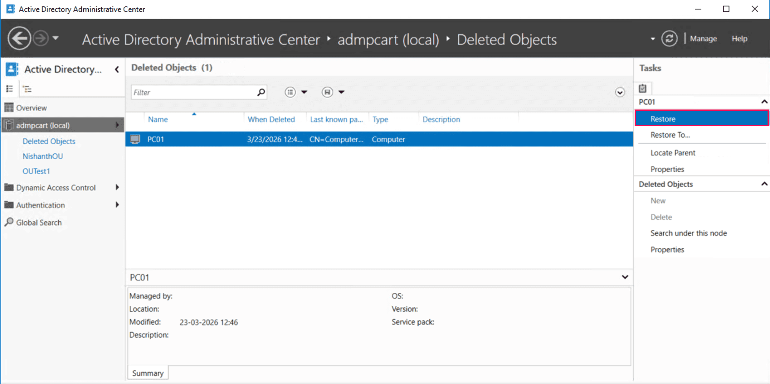 Restoring a deleted AD computer in ADAC.