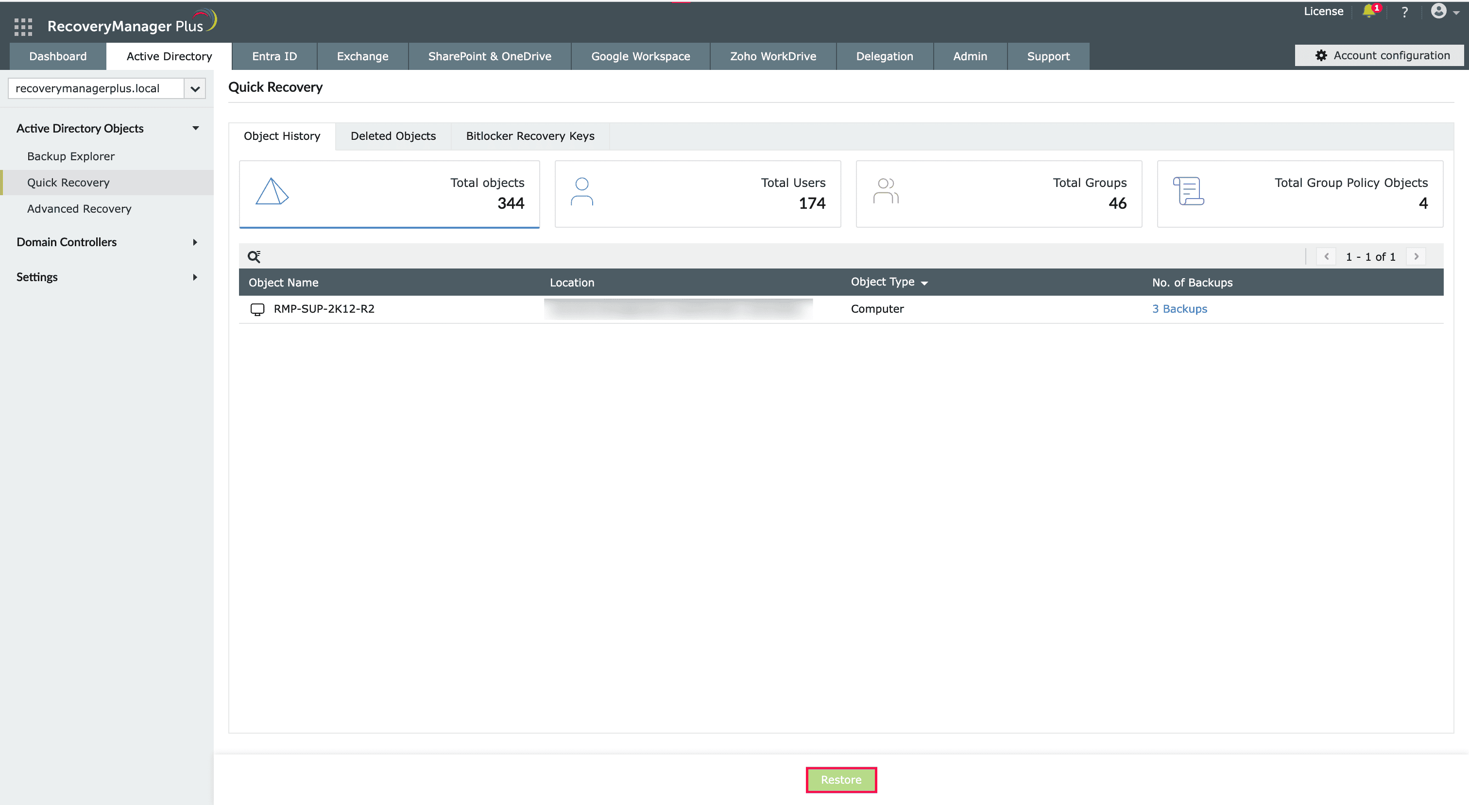 Restoring deleted AD computers using RecoveryManager Plus.