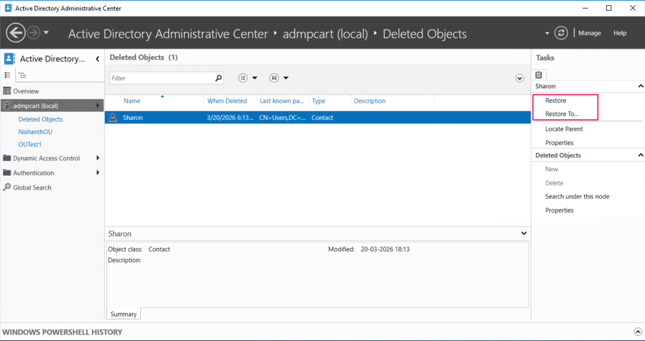 Restoring a deleted AD contact in ADAC.