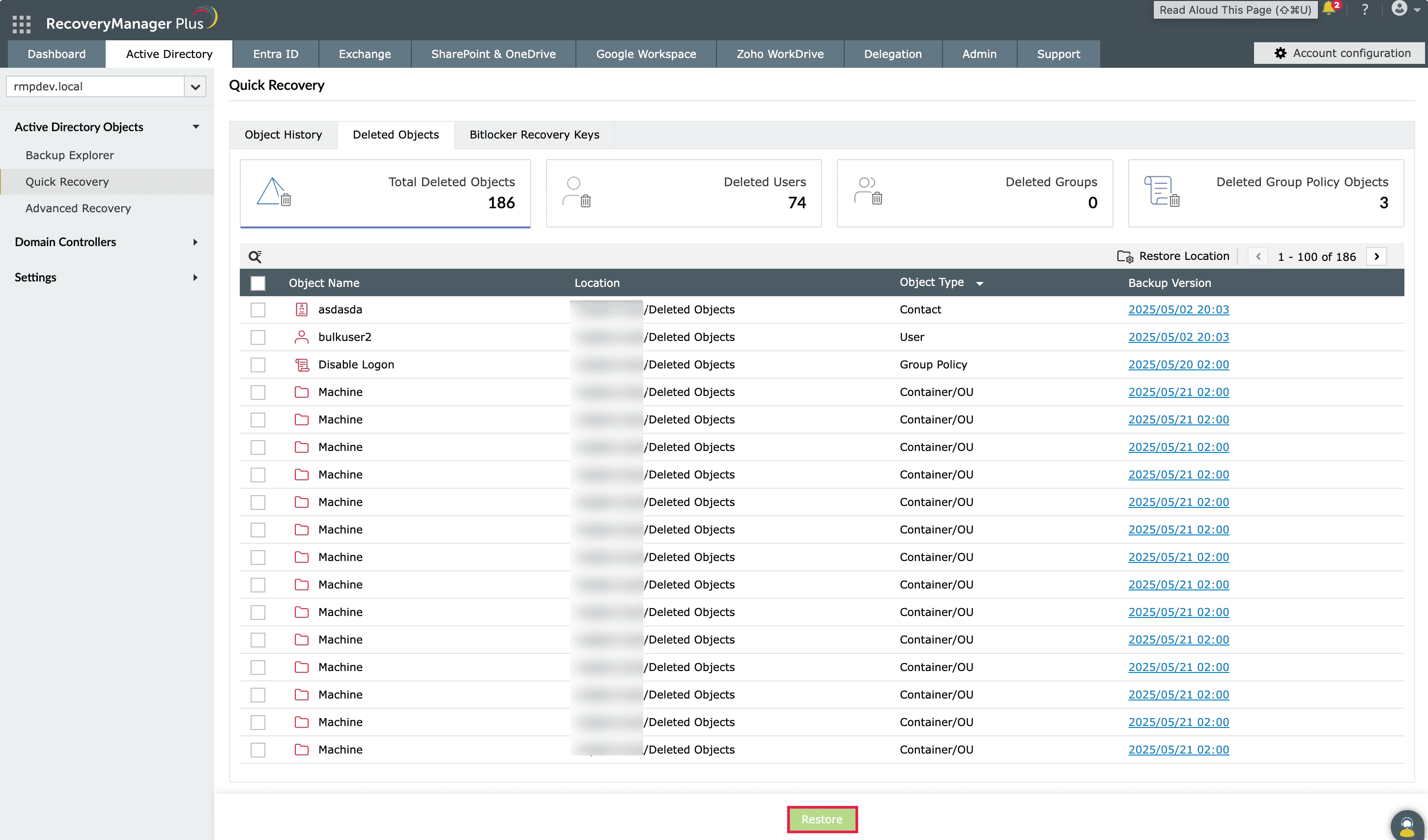 Restoring deleted AD contacts using RecoveryManager Plus.