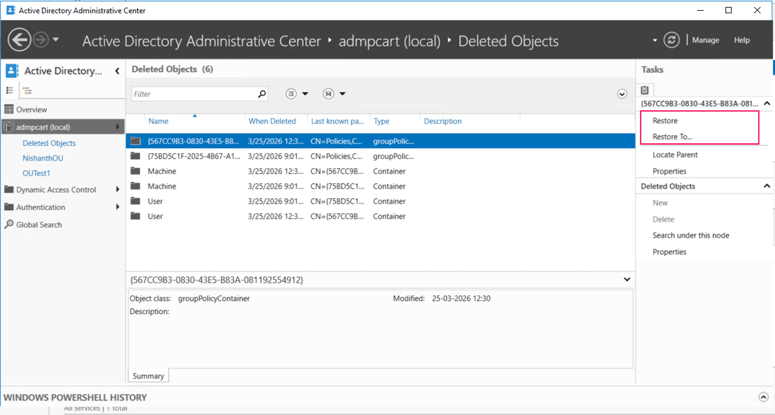 Restoring a deleted GPO in ADAC