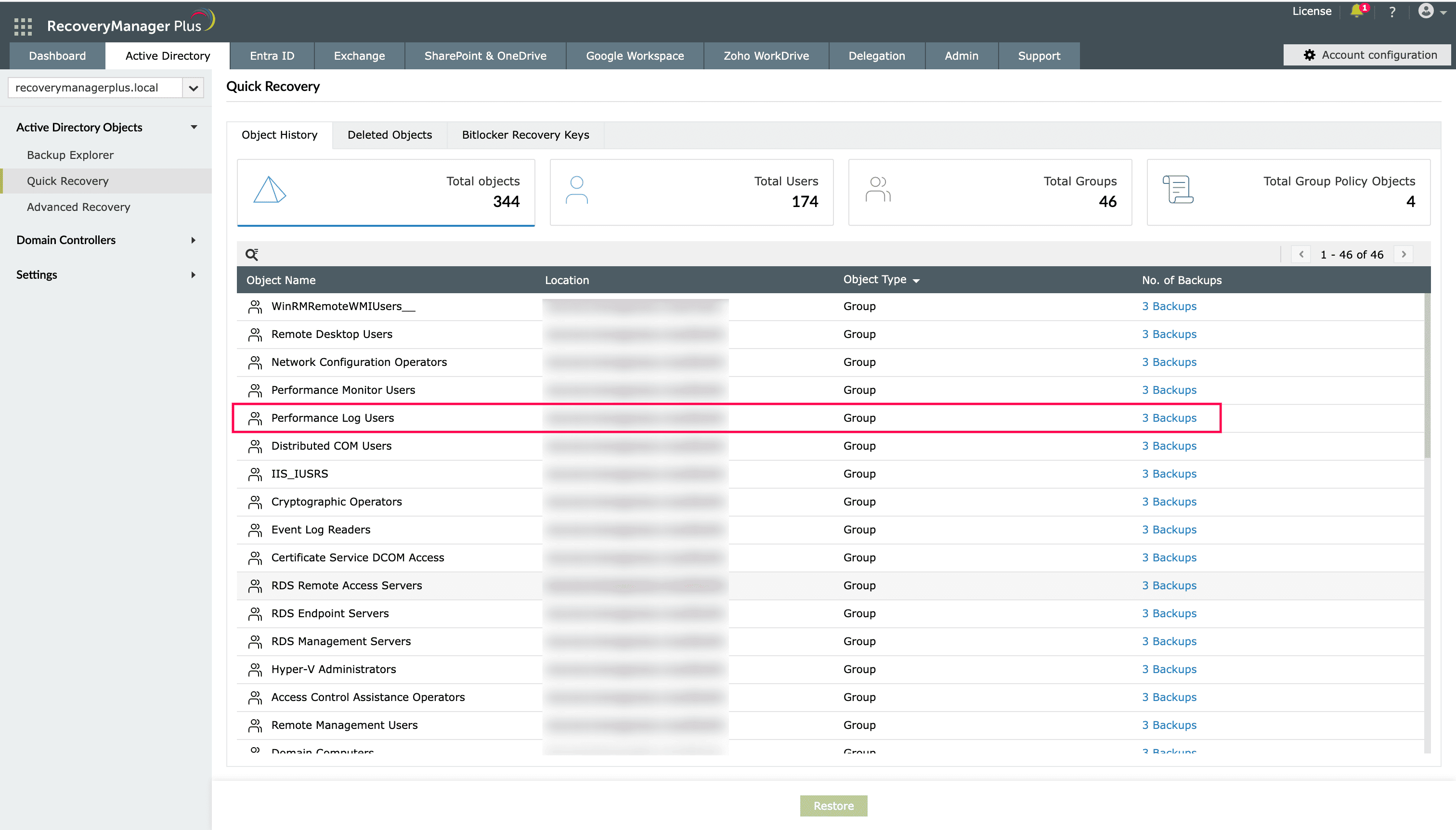 Restoring deleted AD groups using RecoveryManager Plus.