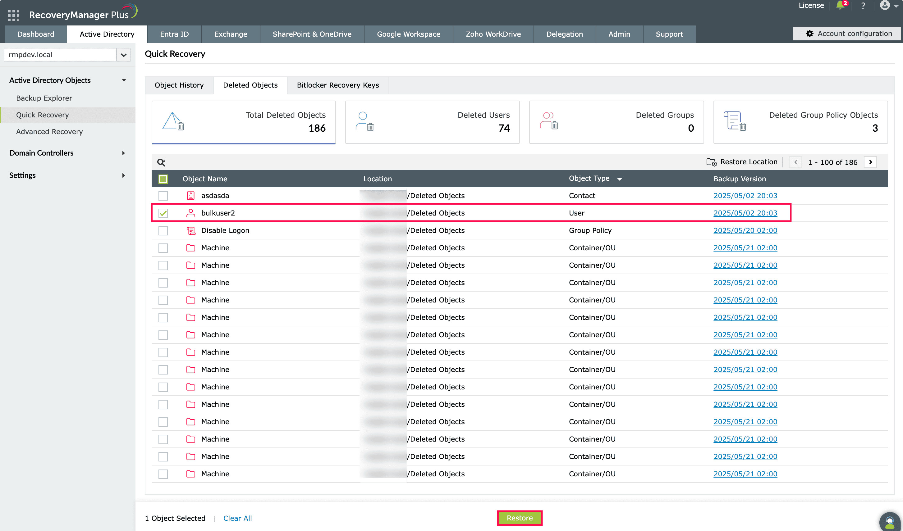 Restoring deleted AD user objects using RecoveryManager Plus
