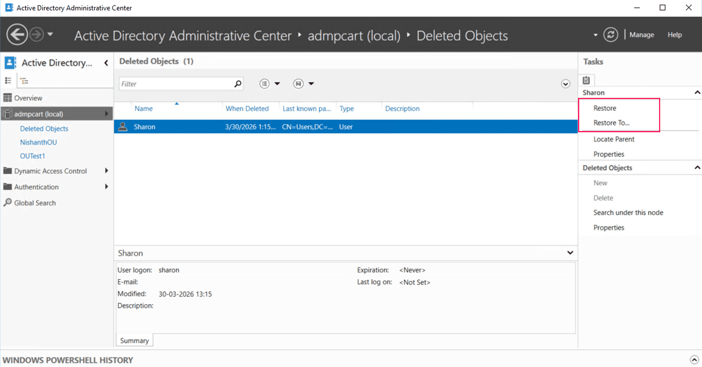 Restoring a deleted AD user in ADAC