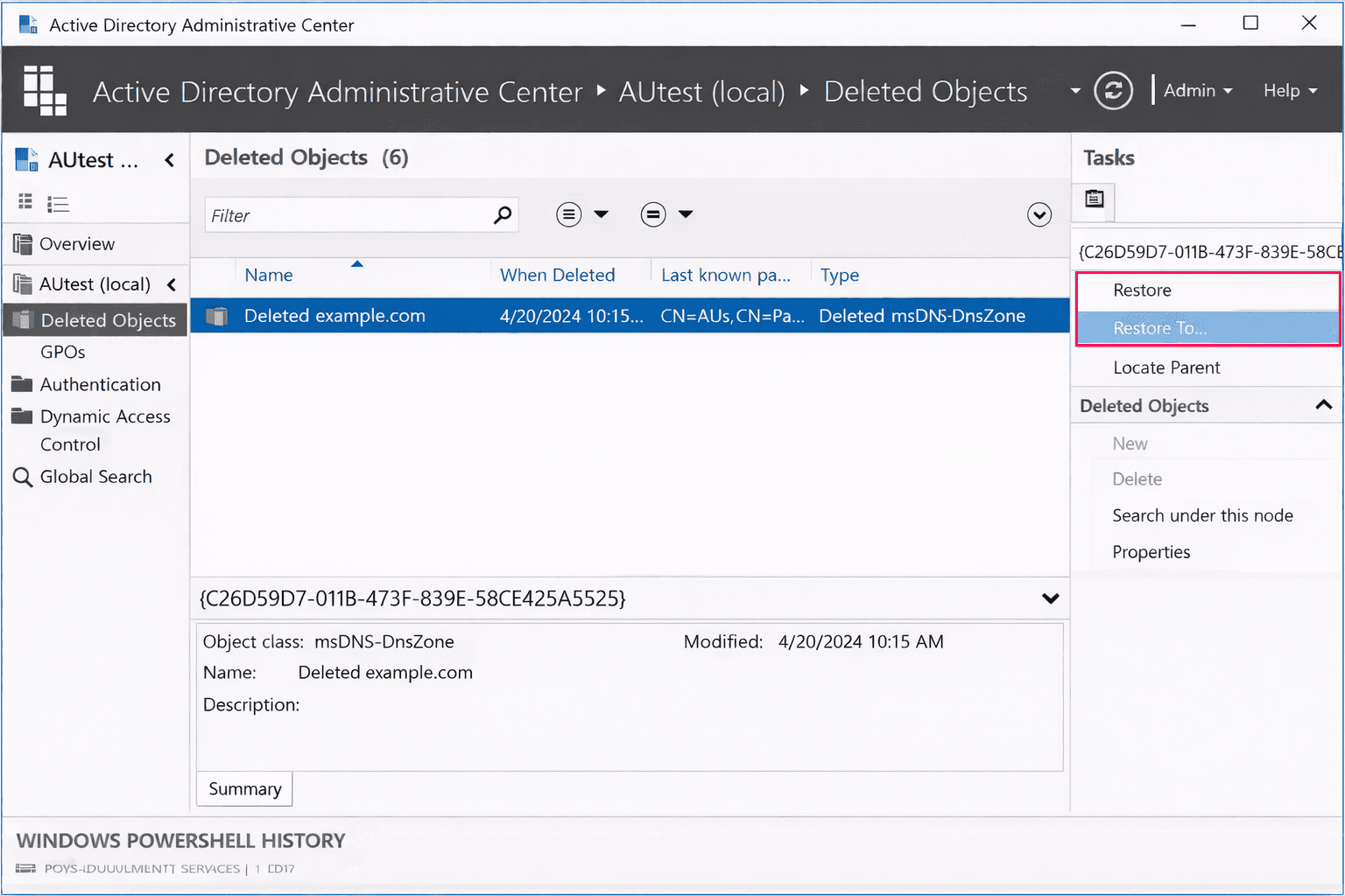 Restoring a deleted AD DNS zone in ADAC.