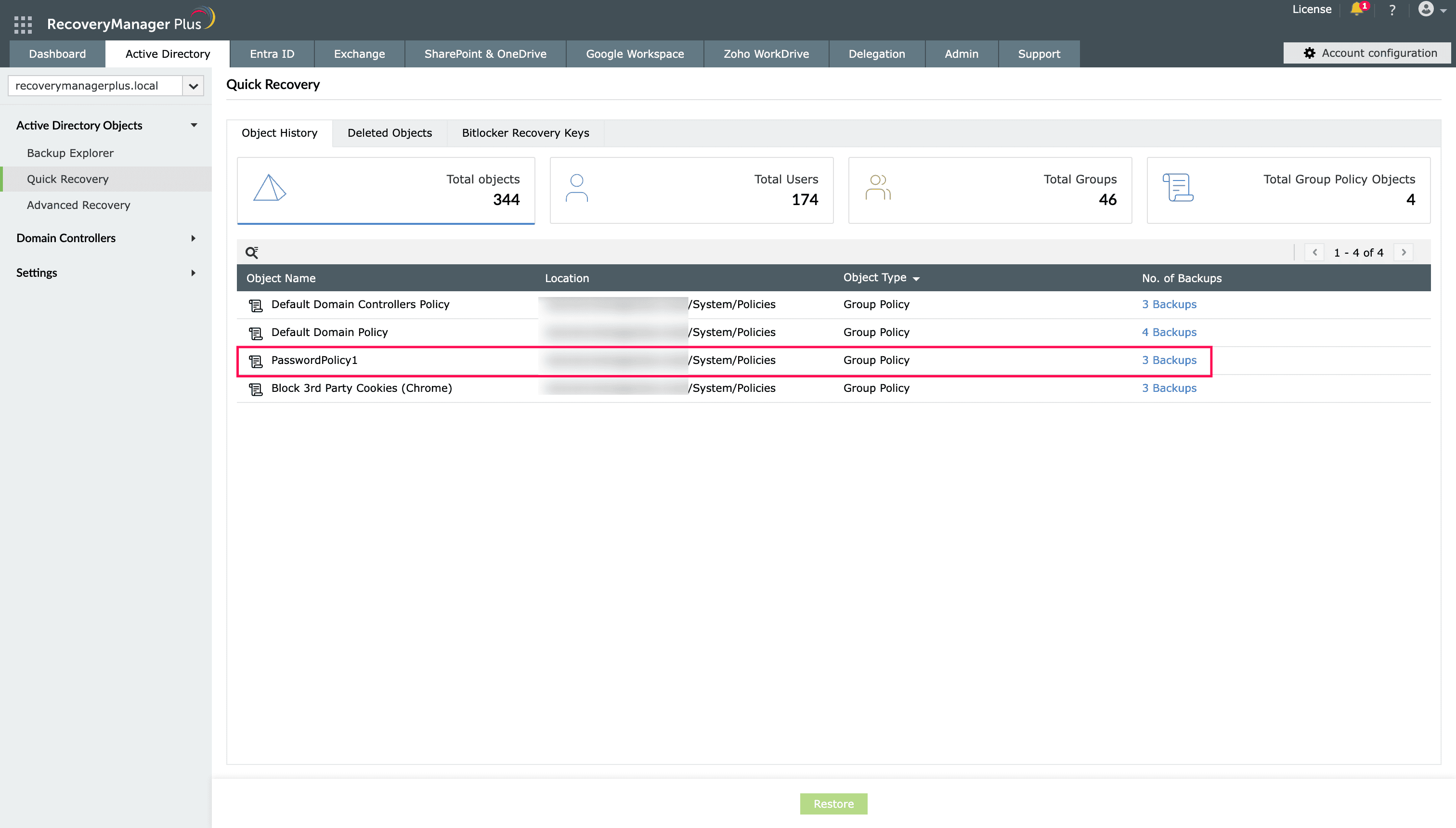Restoring deleted GPOs using RecoveryManager Plus