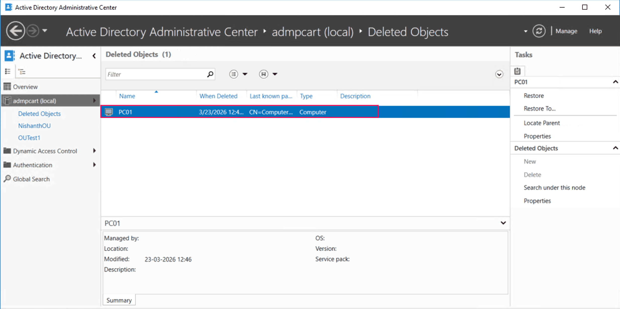 Searching for a deleted AD computer in the Deleted Objects container.