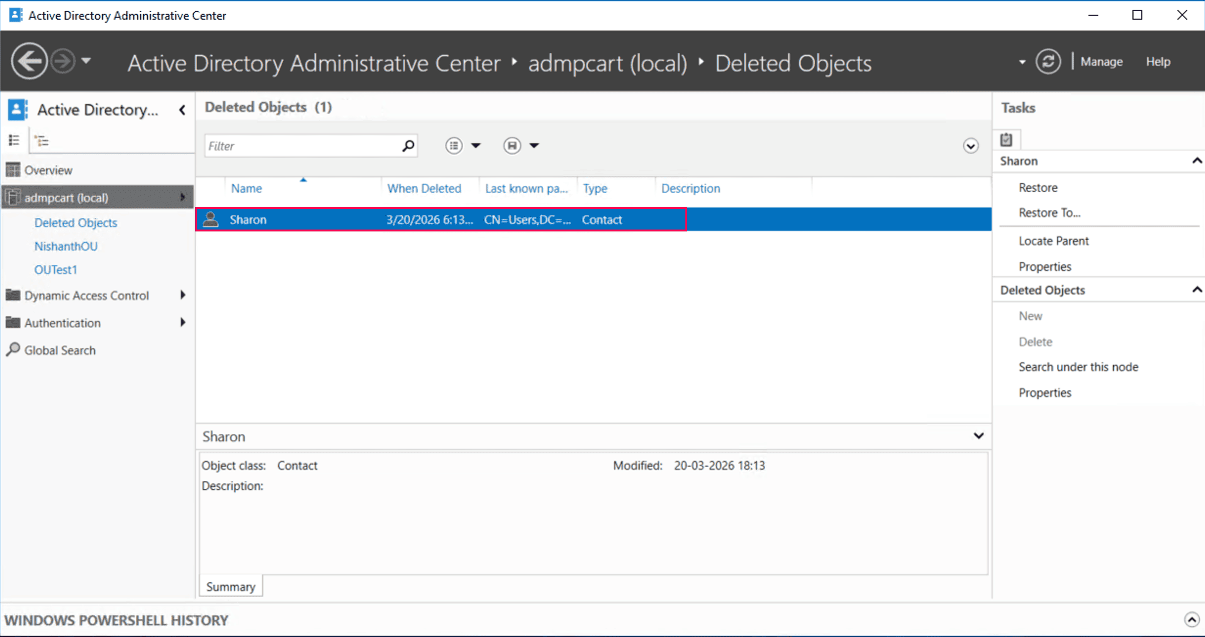 Searching for a deleted AD contact in the Deleted Objects container.