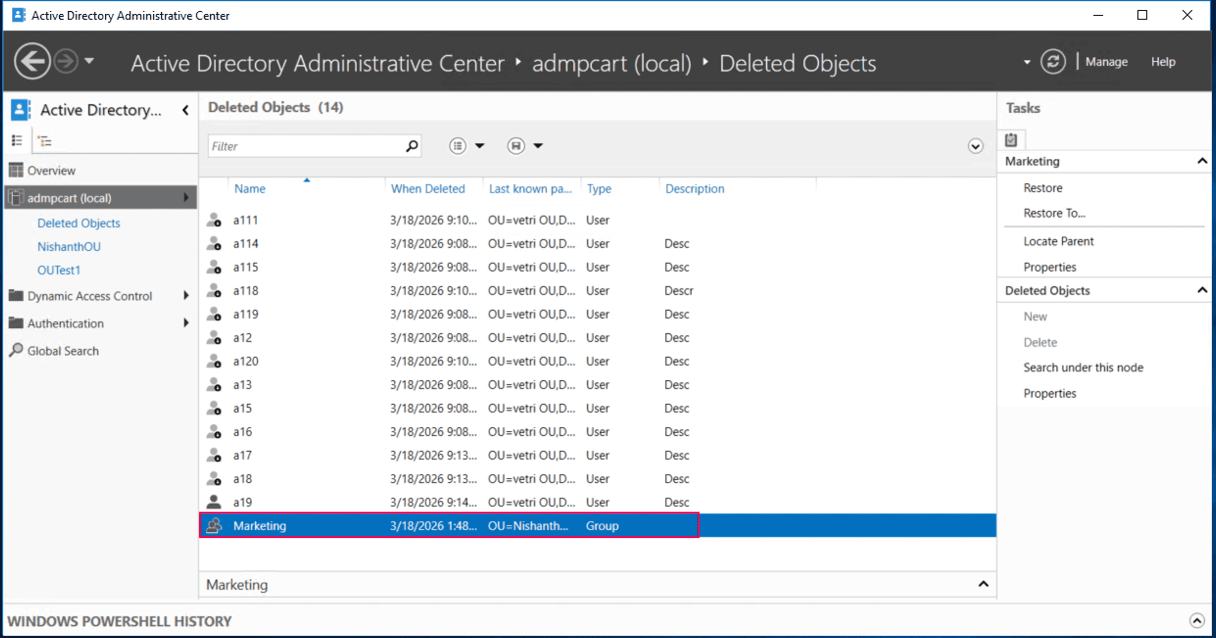 Searching for a deleted AD group in the Deleted Objects container.