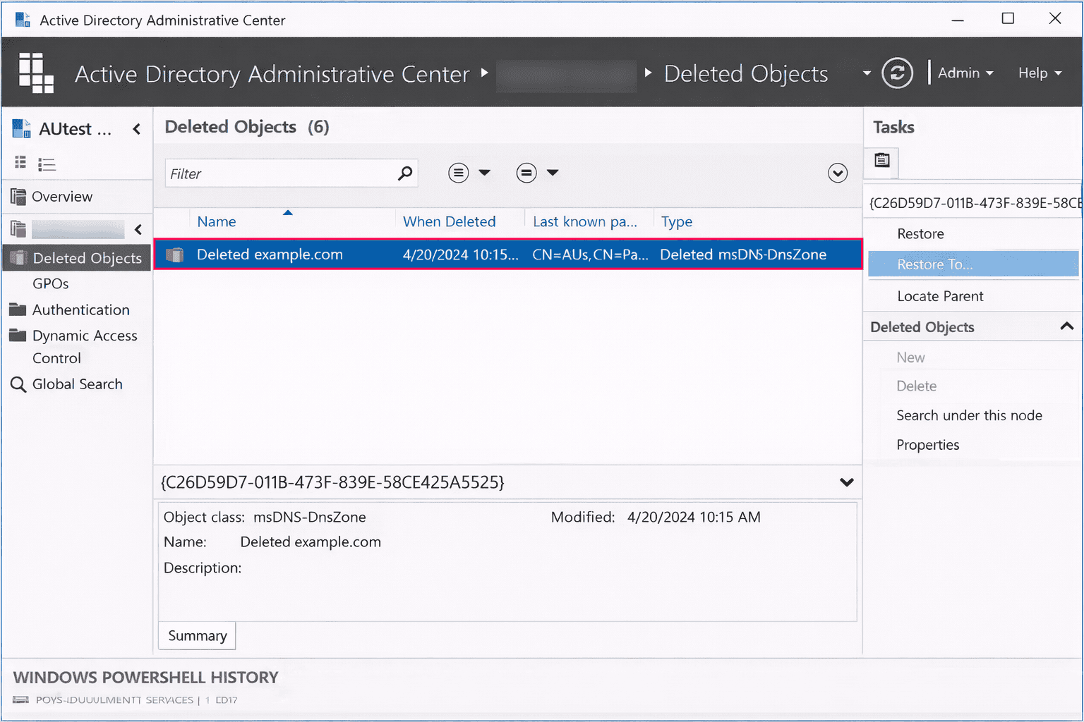 Searching for a deleted DNS zone in the Deleted Objects container.
