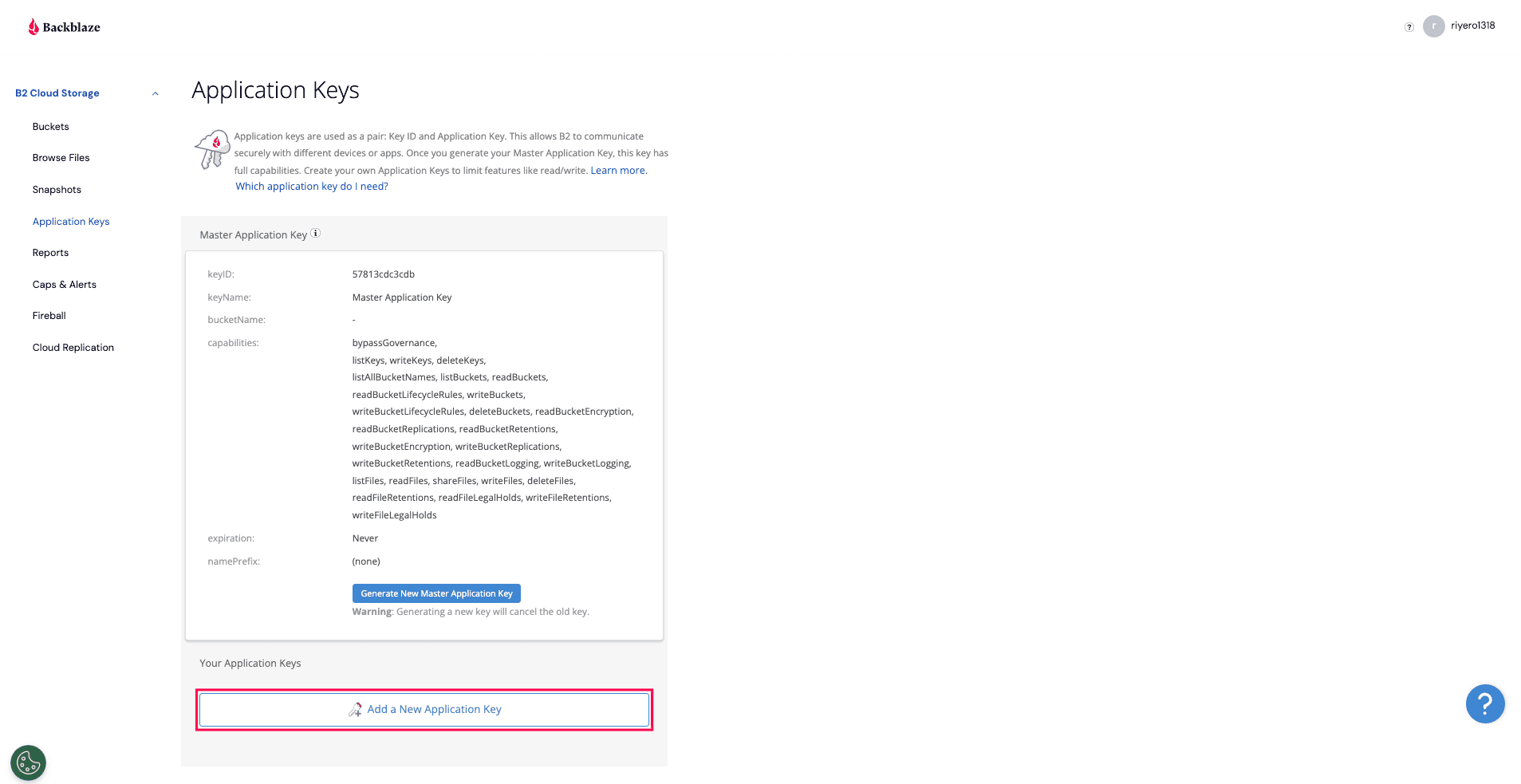 Creating access keys in Backblaze