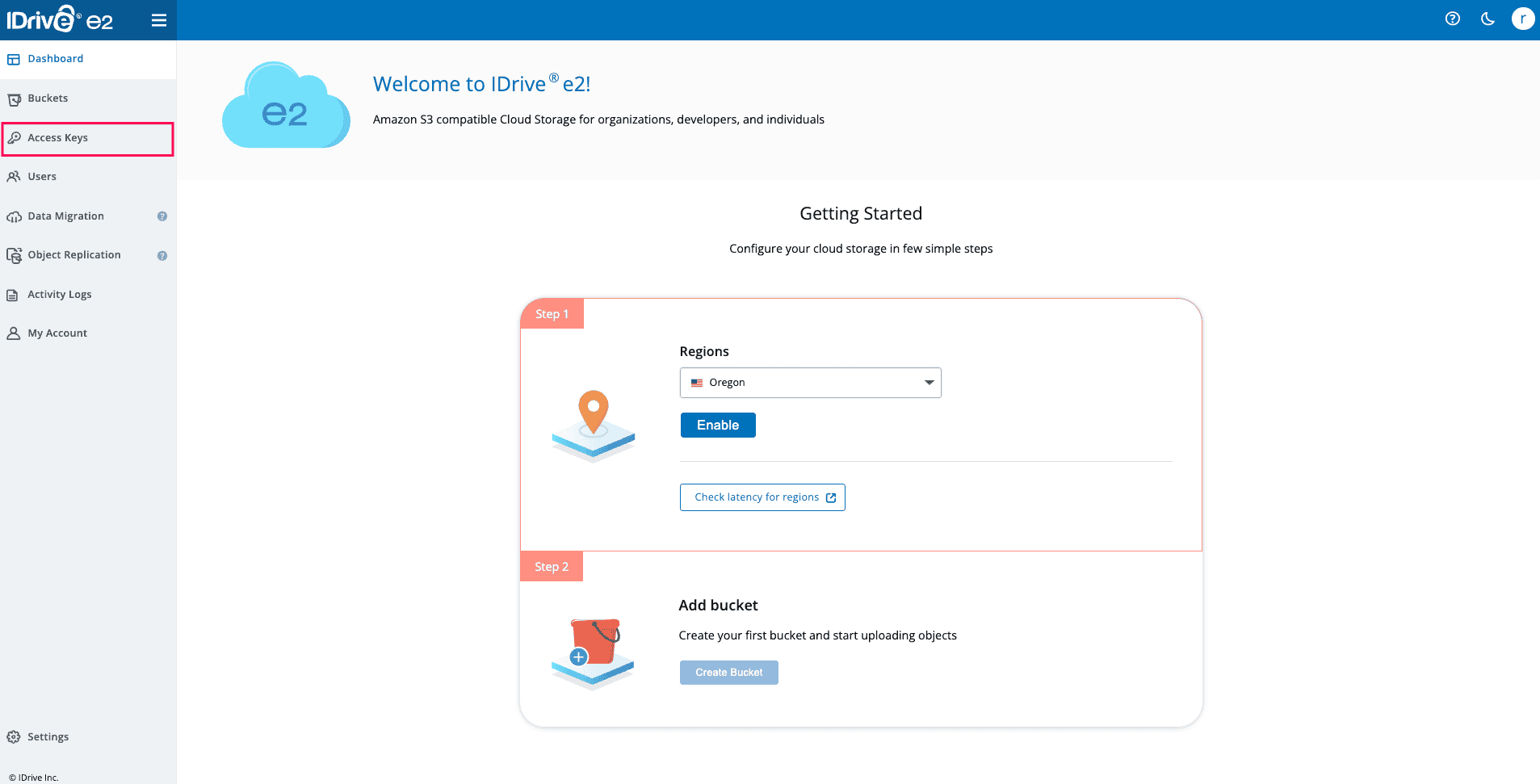 Logging in to IDrive e2 to create an access key