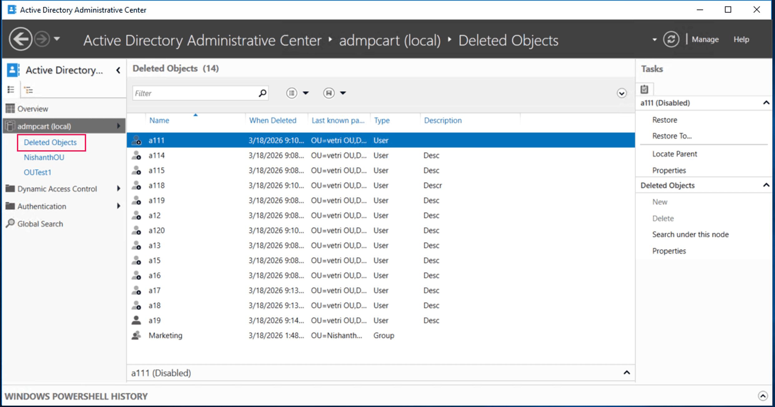 The Deleted Objects container in ADAC.