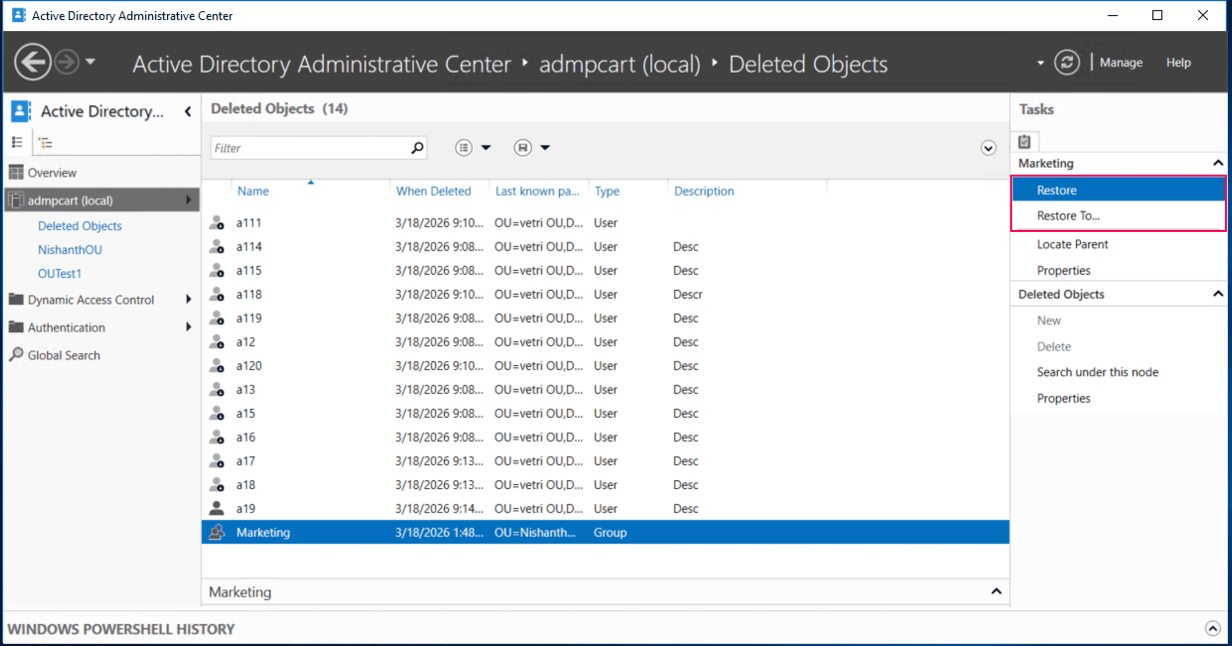 Restoring a deleted AD group in ADAC.