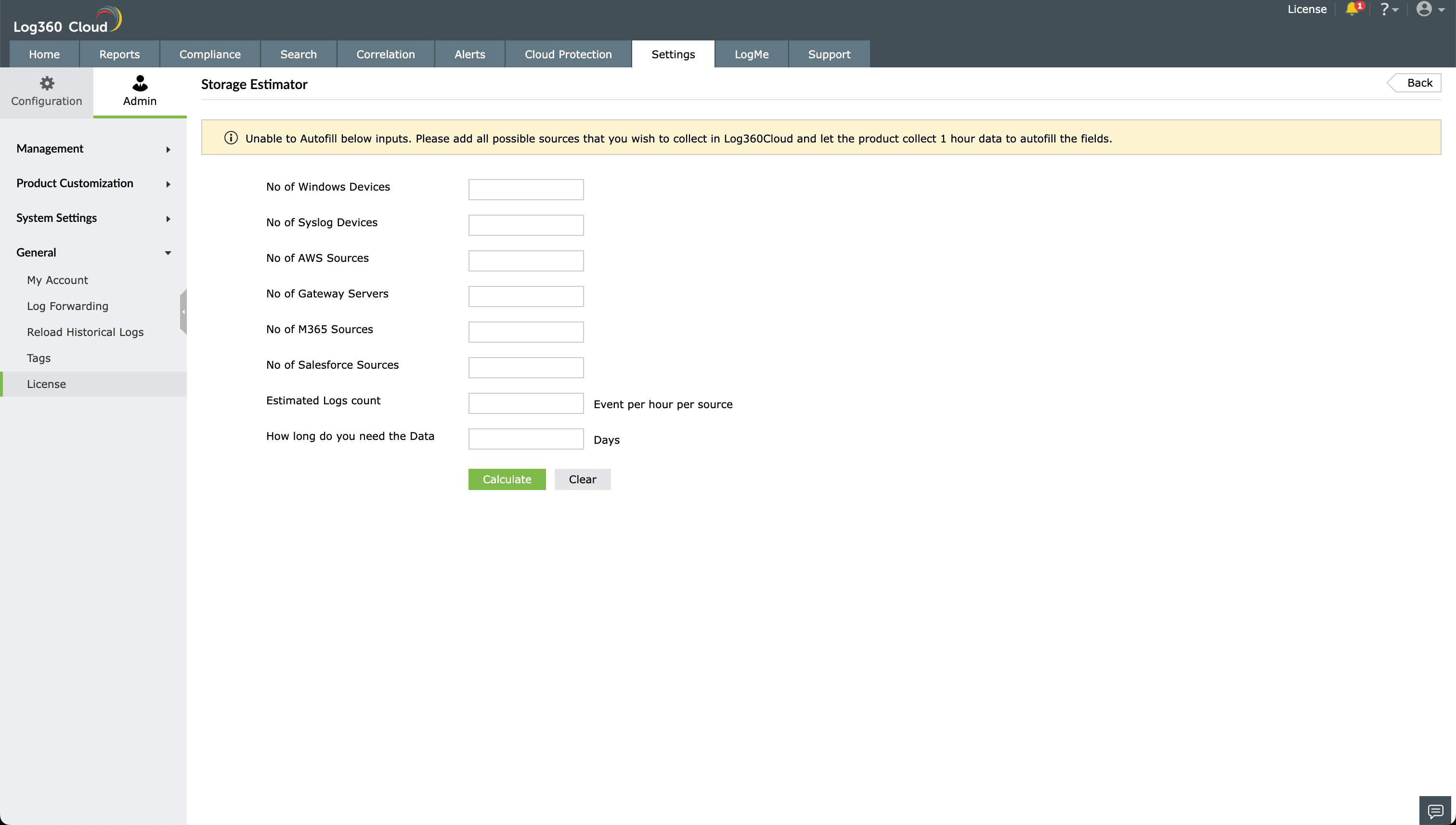 Cloud Log Storage Calculator