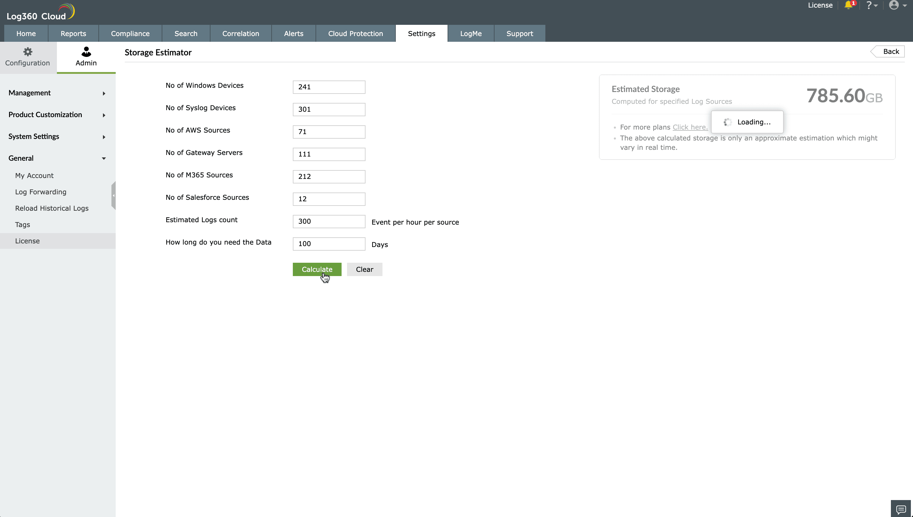 Cloud Log Storage Calculator