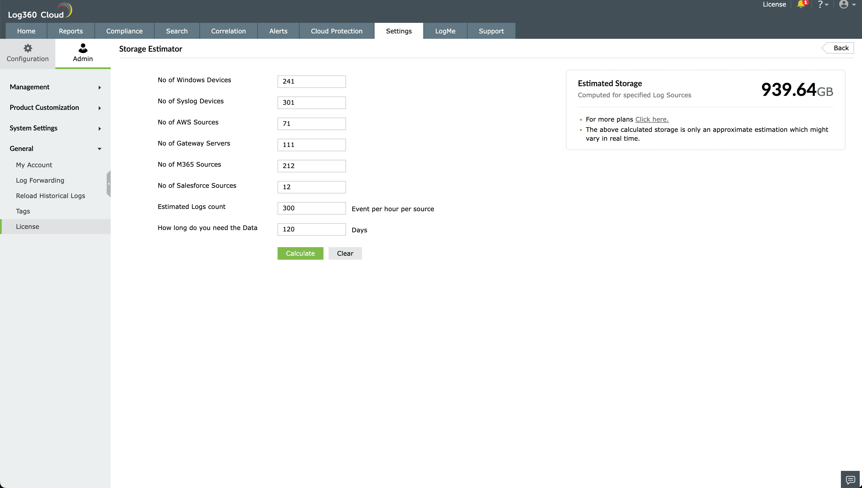 Cloud Log Storage Calculator