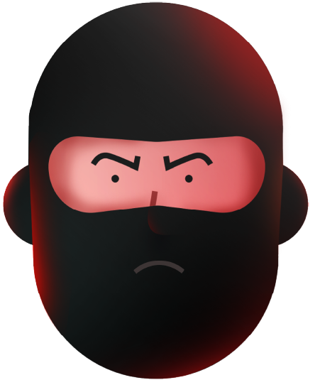 Dark bearded face behind a red visor band