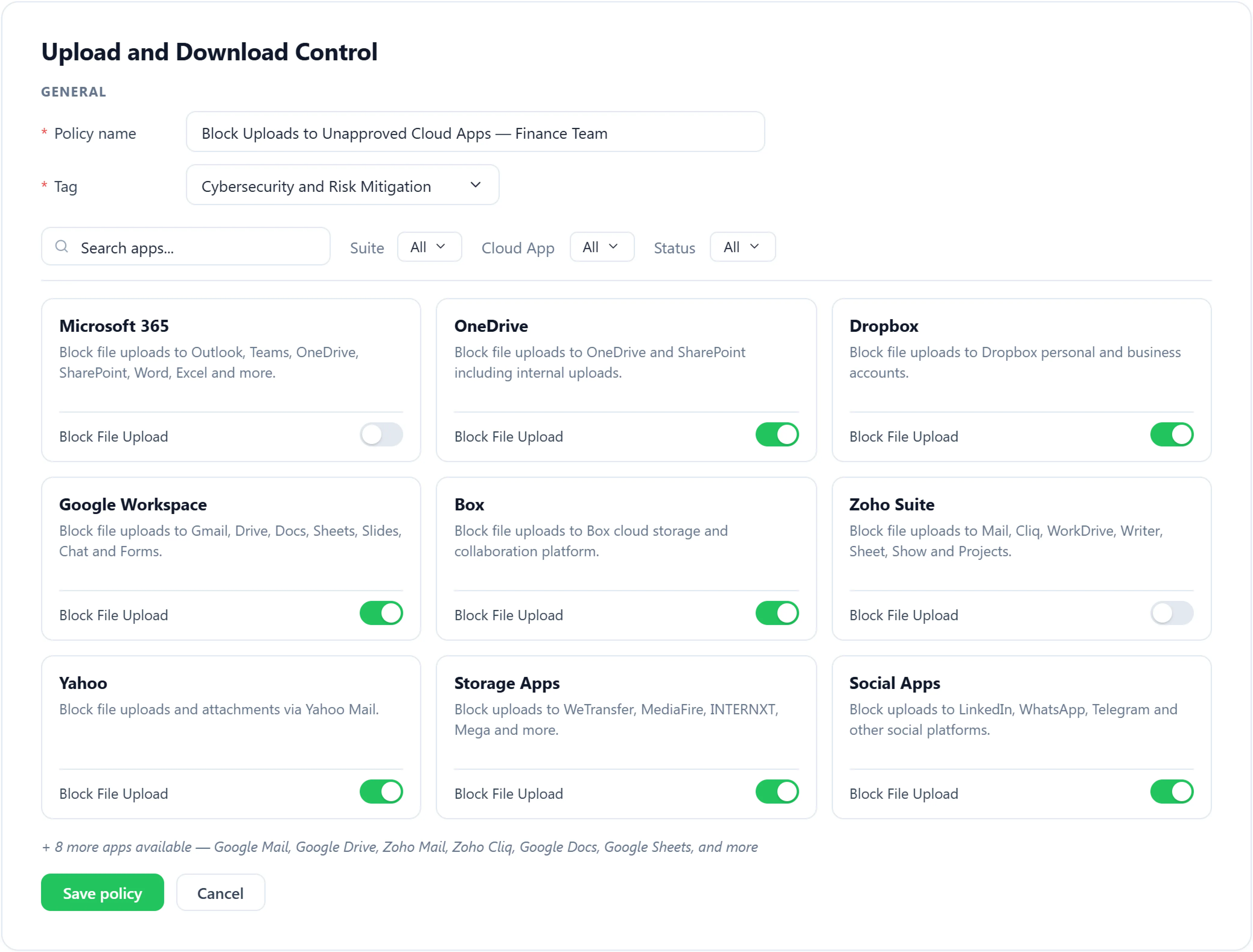 Upload and download control dashboard
